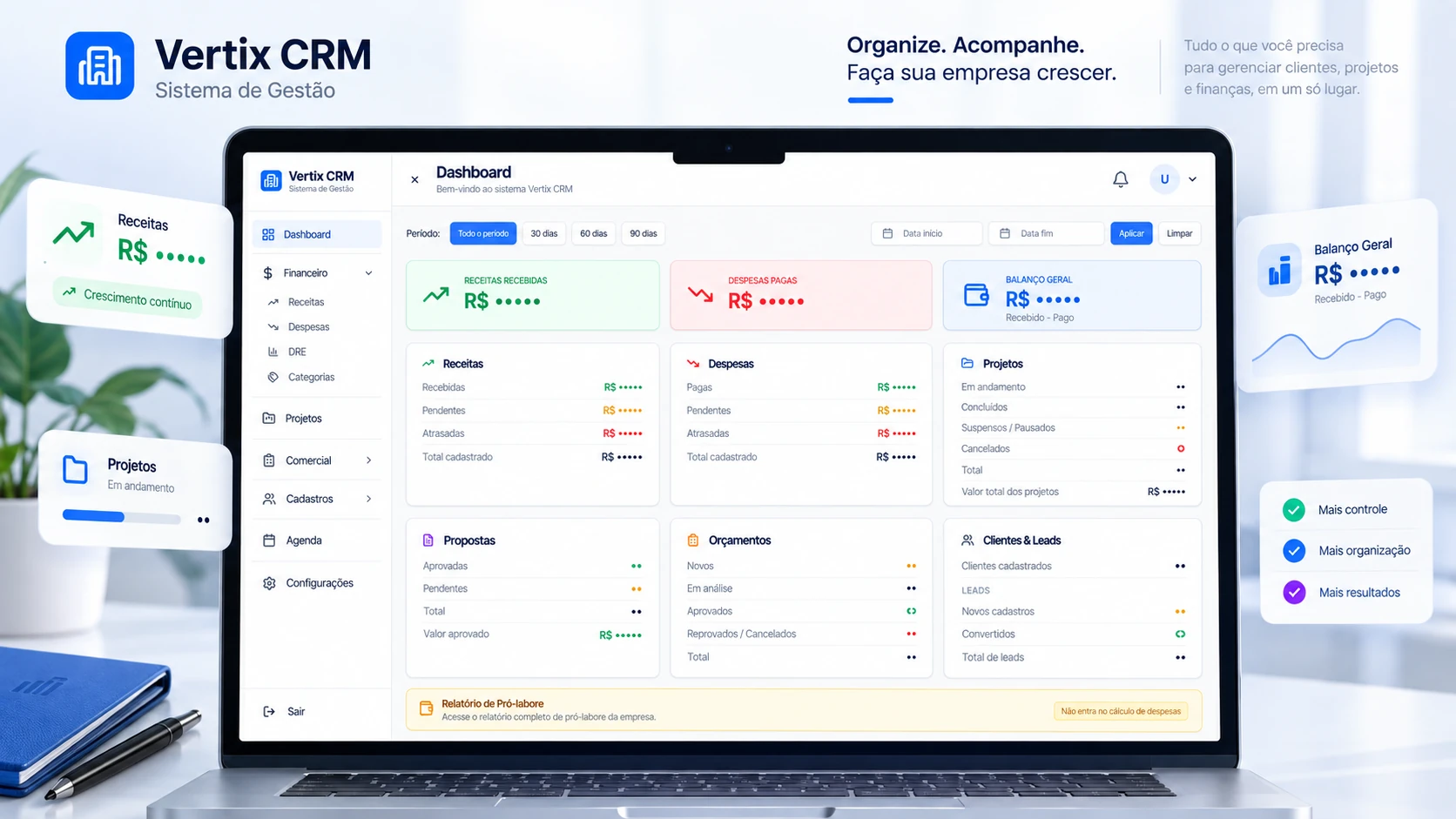 Apresentação do Vertix CRM com dashboard de receitas, despesas, balanço, projetos, propostas, orçamentos, clientes e leads